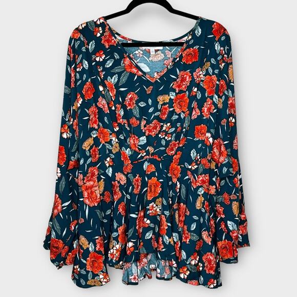 HAYDEN LOS ANGELES Green Boho Oversized Peplum V Neck Floral Top Size Large - Picture 3 of 7